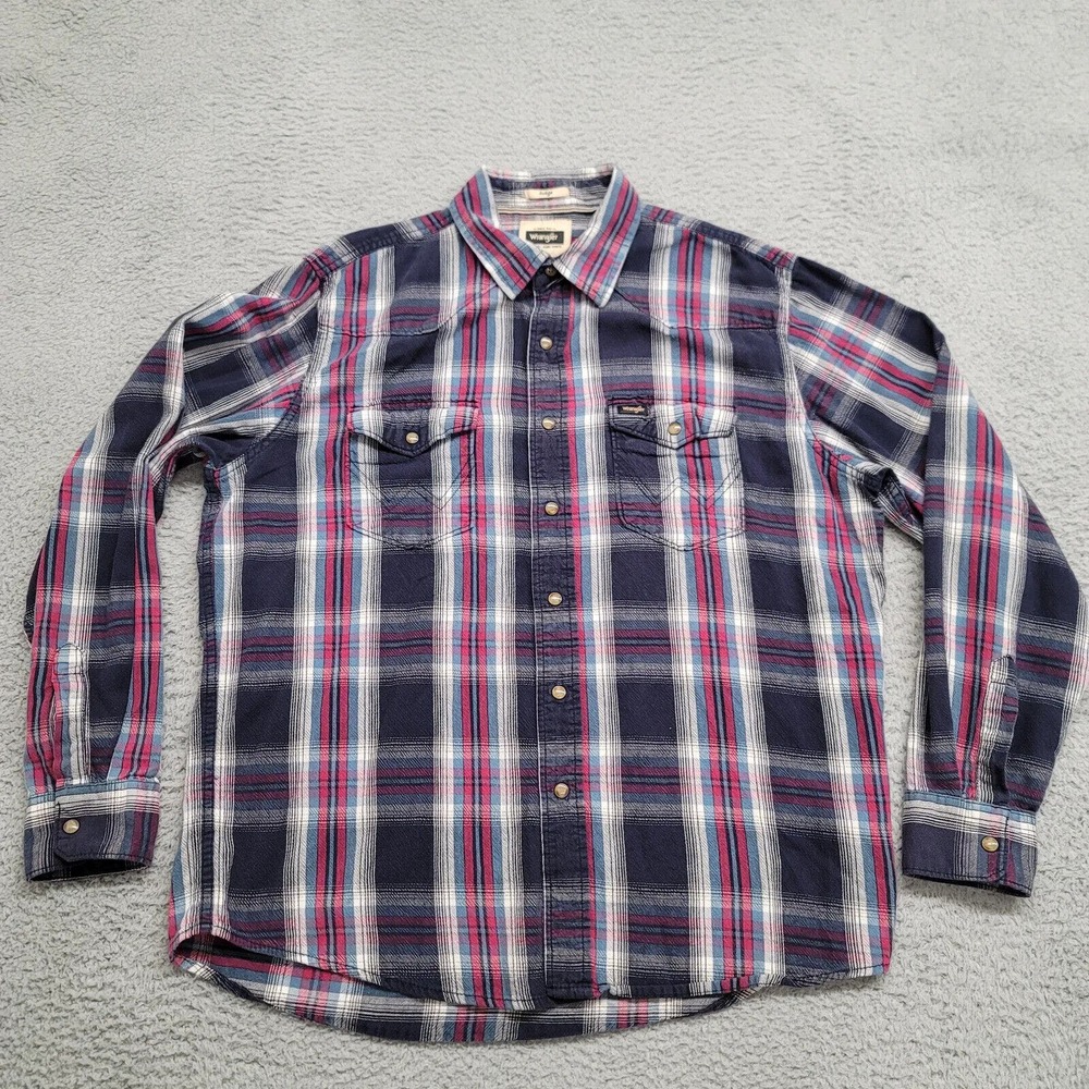 Wrangler Shirt Mens Large Blue Plaid Pearl Snaps Indigo Western Cowboy Workwear